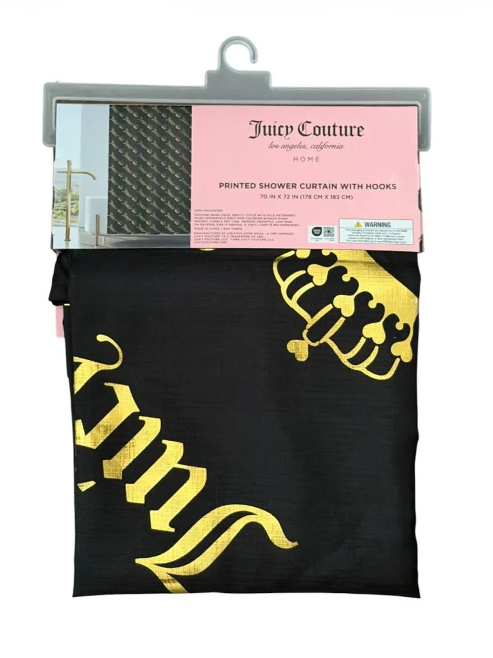 Juicy Couture Black & Gold Shower Curtain with Hooks | NEW